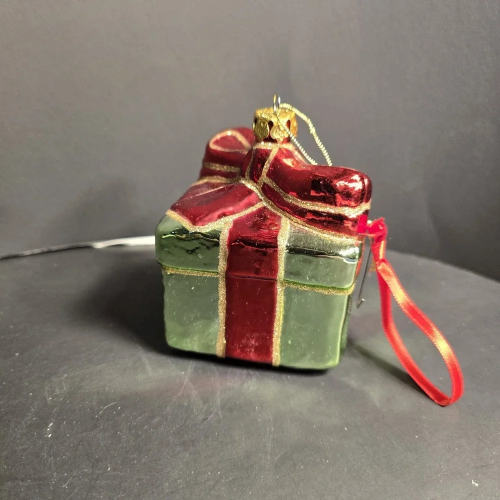 Glass Present Gift Box Christmas Ornament Red Green Glitter Holiday‎ Decor